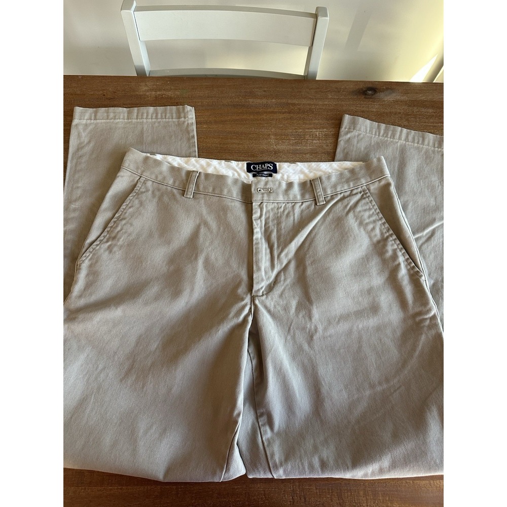 Chaps Casual Dress Pants Mens Beige Tan Khaki Chino Flat Front Cotton 34x32 NICE